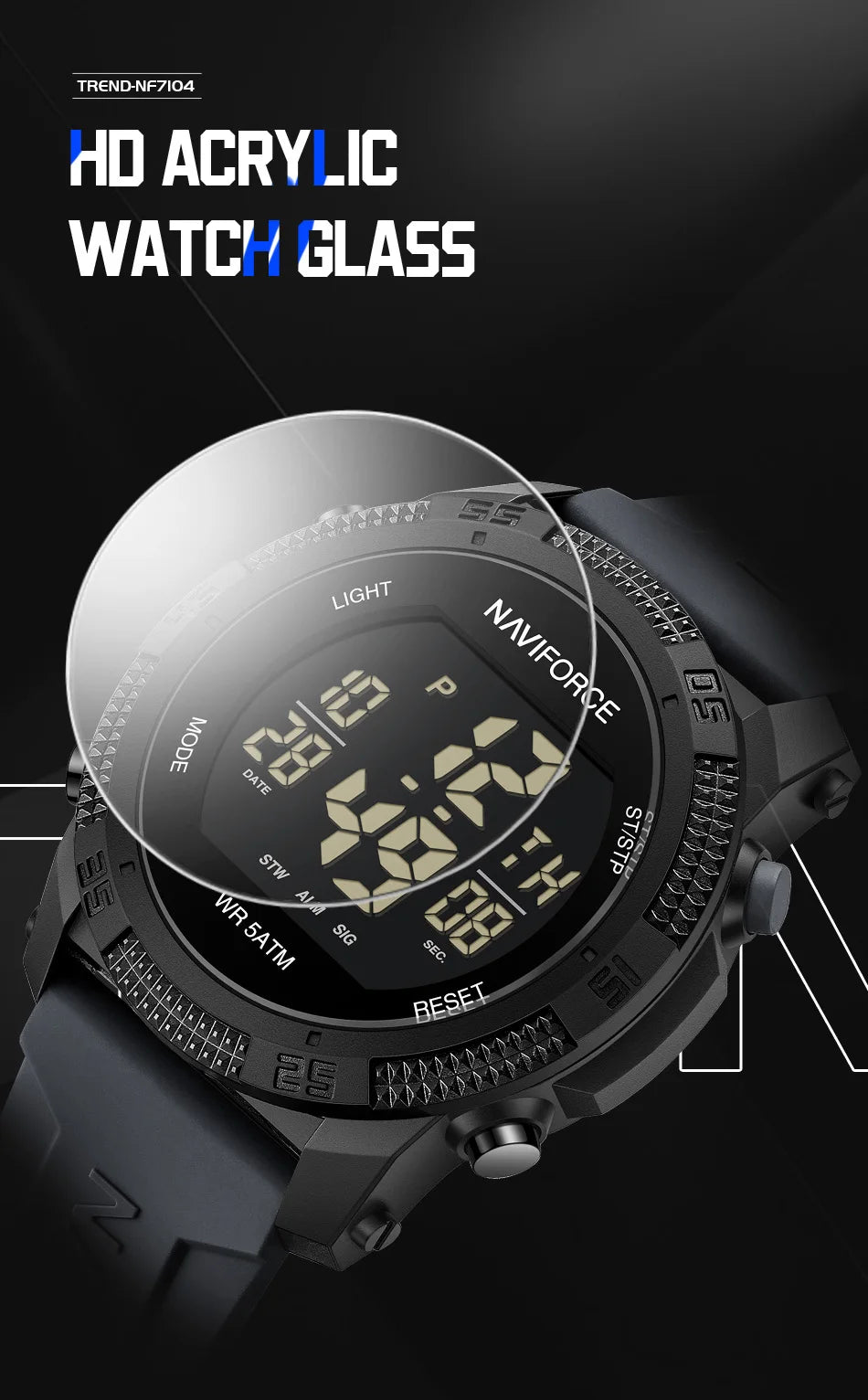 NAVIFORCE 7104 Sports Men's LCD Digital Leisure Date Week Alarm Clock Waterproof Silicone Strap Electronic Watch électronique