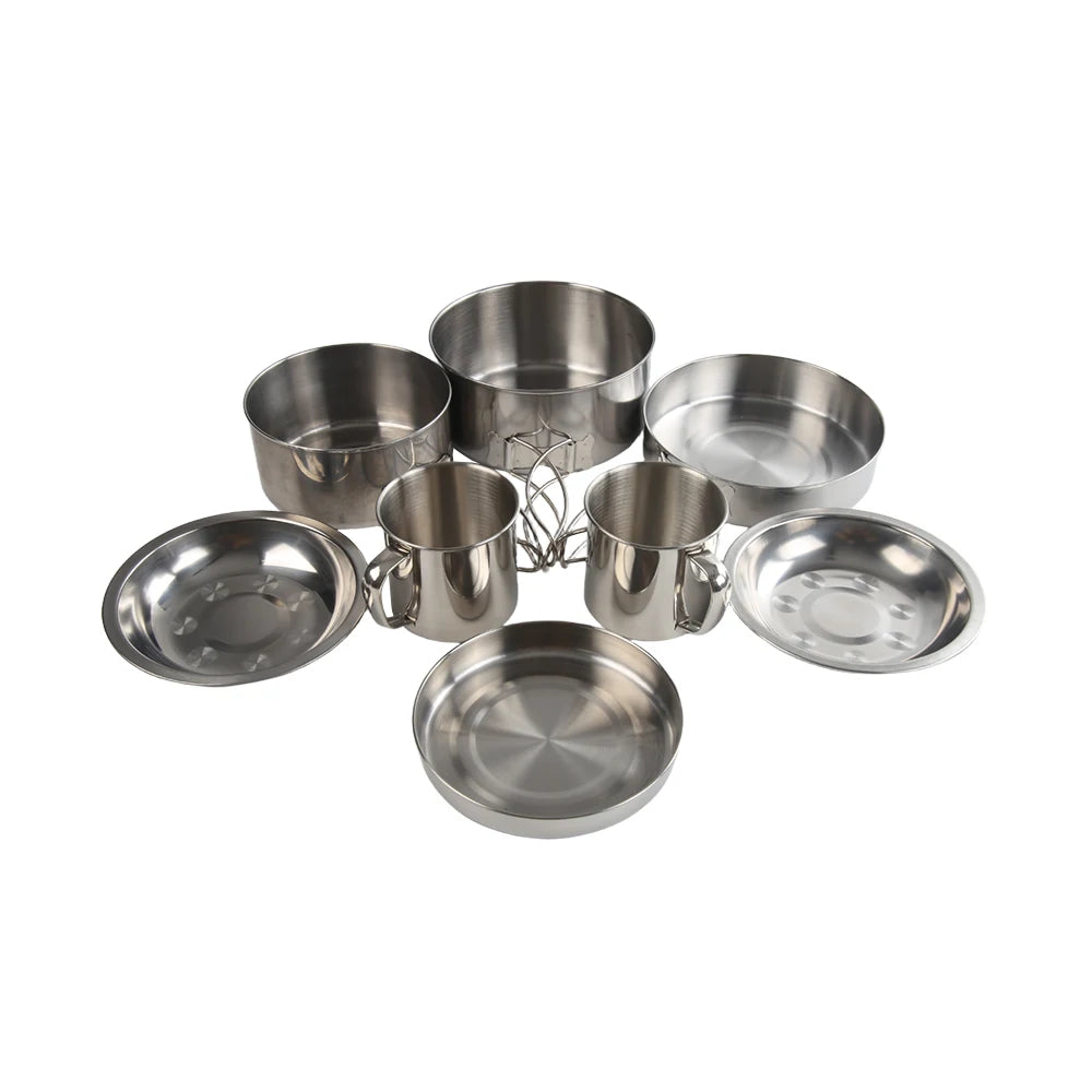 8pcs Stainless Steel Camping Cookware Mess Kit with Cooking Pot Pan Set Plates Cups for Outdoor Hiking Backpacking