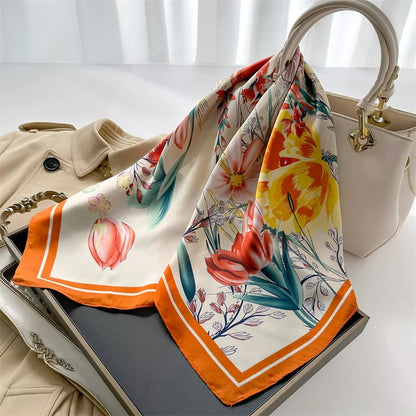 Luxury Print imitation Silk Square Scarf Women Spring Neck Tie Shawl Wraps Female Hair Hand Wrist Headkercheif Hijab Bandana