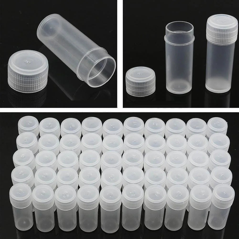 50Pcs 5ML Plastic Sample Small Bottle Vial Storage Vial Storage Container Test Tube with Screw Caps for Lab powder Sample