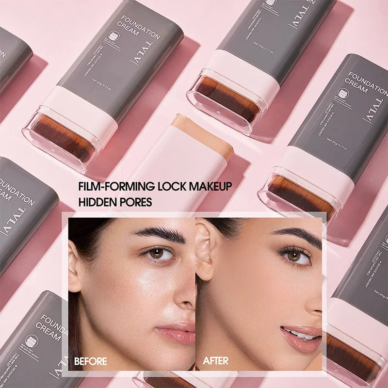 TVLV Concealing Foundation Stick: 5 Shades with Built-In Brush - Cream Finish, Lightweight and Waterproof Formula,
