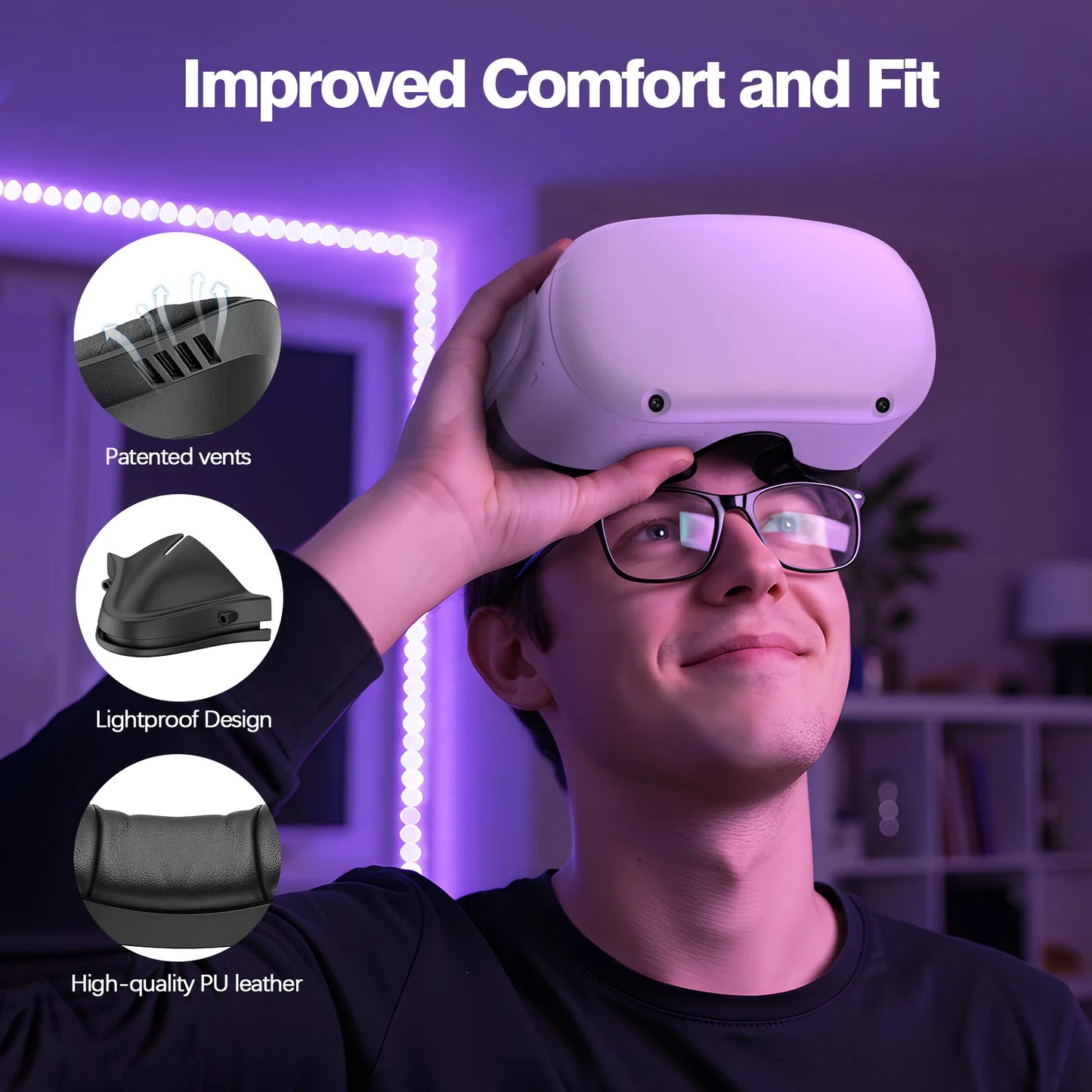 HUADAI design Face Cushion Pad Compatible with Quest 2/Quest 3/Quest 3S Accessories , with Glasses Spacer Air-Circulation Design