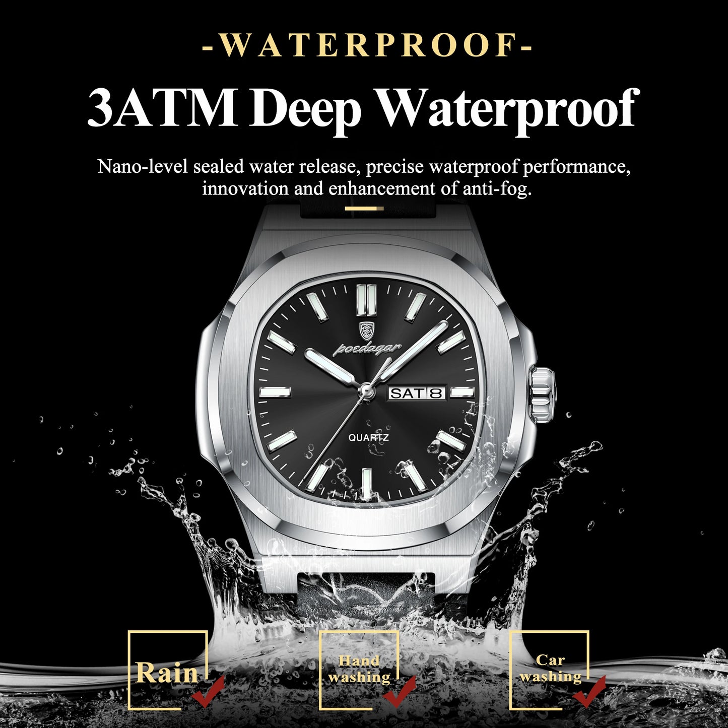 POEDAGAR Square Wristwatch For Men Luminous Waterproof Week Calendar Luxury Man Clock Leather Quartz Fashion Men's Watches Reloj