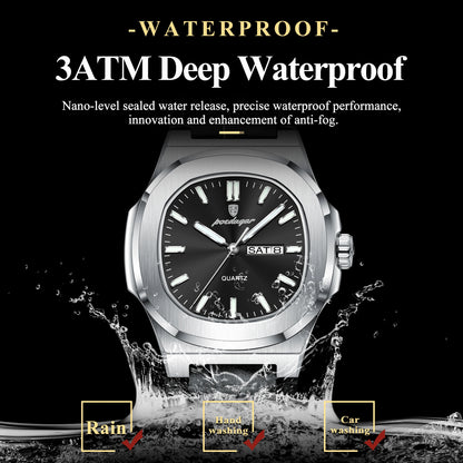 POEDAGAR Square Wristwatch For Men Luminous Waterproof Week Calendar Luxury Man Clock Leather Quartz Fashion Men's Watches Reloj