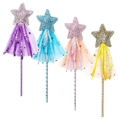 Children Five Point Stars Wand with Tassels Ribbon Halloween Princess Magic Accessory with Glitter Star Great for Themed Parties
