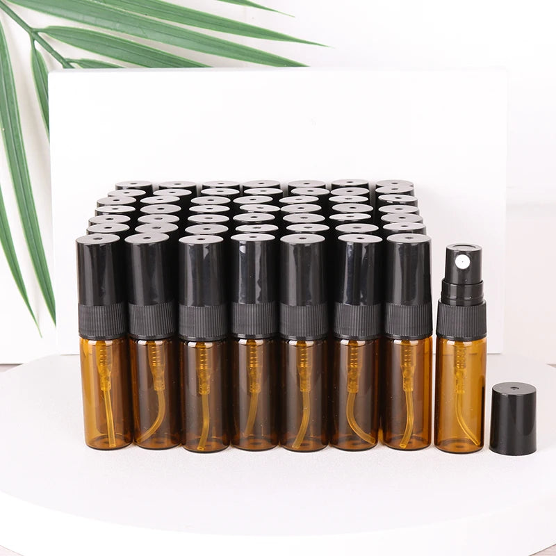Hot sale 50/batch 3ml brown glass perfume bottle cologne essential oil ultra fine mist spray bottle mini travel essential