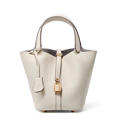 Stylish Handbag, Unique Bucket Classic Shopping Tote Bag, Soft PU Litchi Pattern Basket Women Bag with Lock Small Horse Scarves