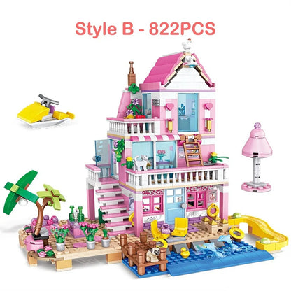 Summer Holiday City House Seaside Villa Building Blocks Apartment Street View Figures DIY Bricks Toys for Kid Girls Friends Gift