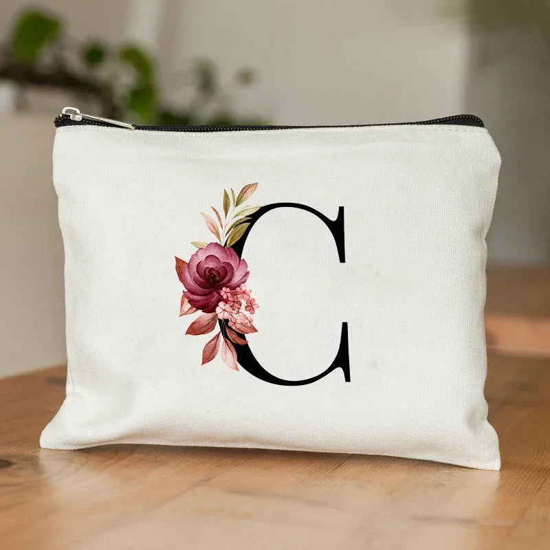 26 Letters Flower Makeup Bag Printed Bridesmaid Wedding Gift Graduation Teacher's Day Gift Storage Bag Travel perfume Side Bag