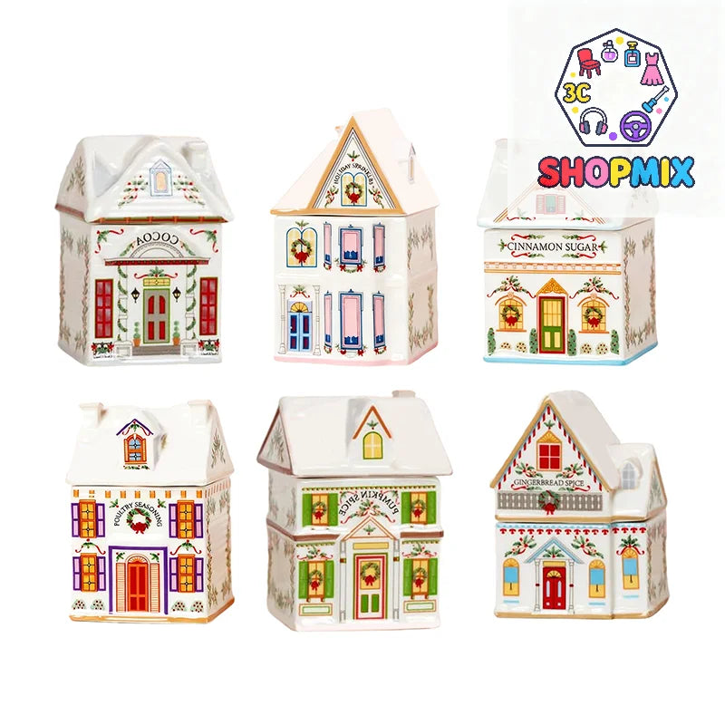 Holiday Village Spice House Set, Mini Christmas Gingerbread Houses Jars, Festive Decor Kitchen Countertop Christmas Candle
