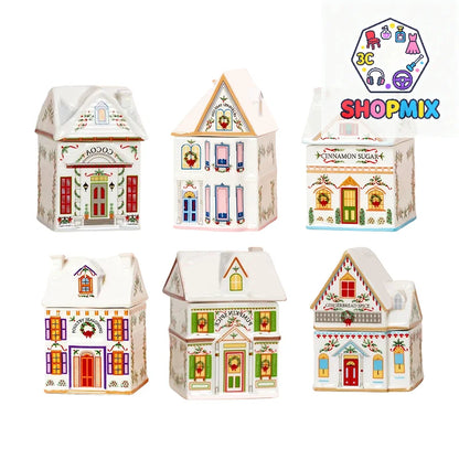 Holiday Village Spice House Set, Mini Christmas Gingerbread Houses Jars, Festive Decor Kitchen Countertop Christmas Candle