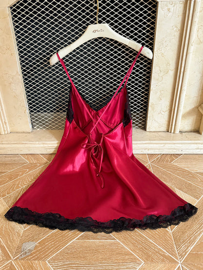 Women's Sexy Fashion V-Neck Sleep Dress Lace Trim Crisscross Back Nightgown Loungewear