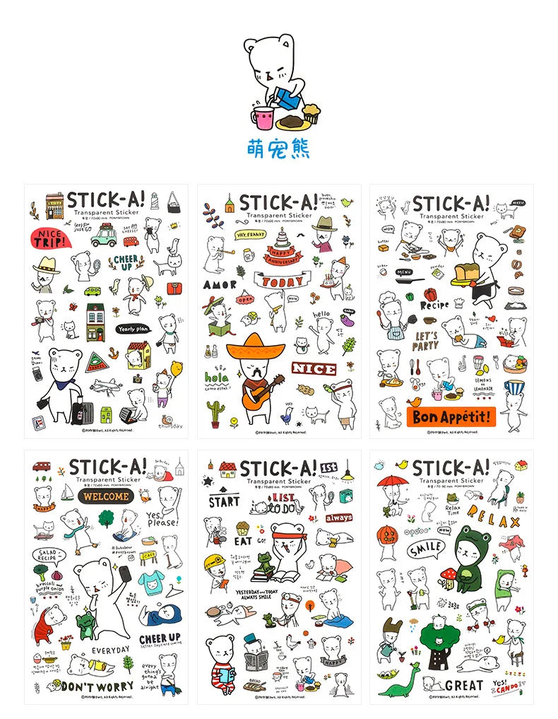 6Pcs/Lot Waterproof Cartoon Transparent Pvc Stickers DIY Hand Account Diary Decorative Stickers Kawaii Phone Cup Stickers