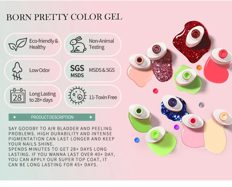 BORN PRETTY 10ml Gel Nail Polish Gel 130 Colors Semi Permanent Solid Nail Gel Varnish Soak Off UV Gel for Base Top Coat