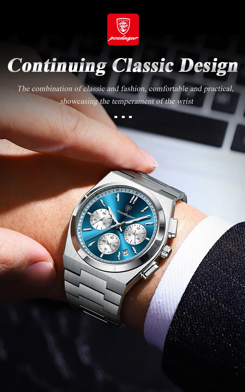 POEDAGAR Fashion Man Watches Chronograph Date Stainless Steel Casual Men Wristwatch Waterproof Luminous Men's Quartz Watch Reloj