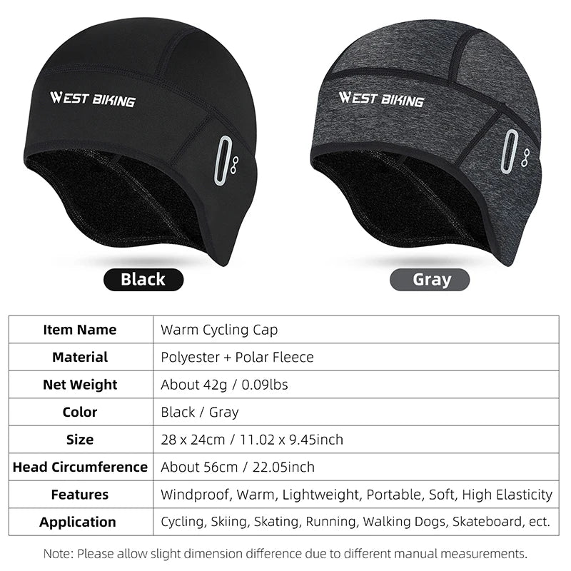 WEST BIKING Winter Fleece Cycling Cap Windproof Thermal Skull Cap Helmet Liner Running Skiing Motocycle Riding Men MTB Bike Hat