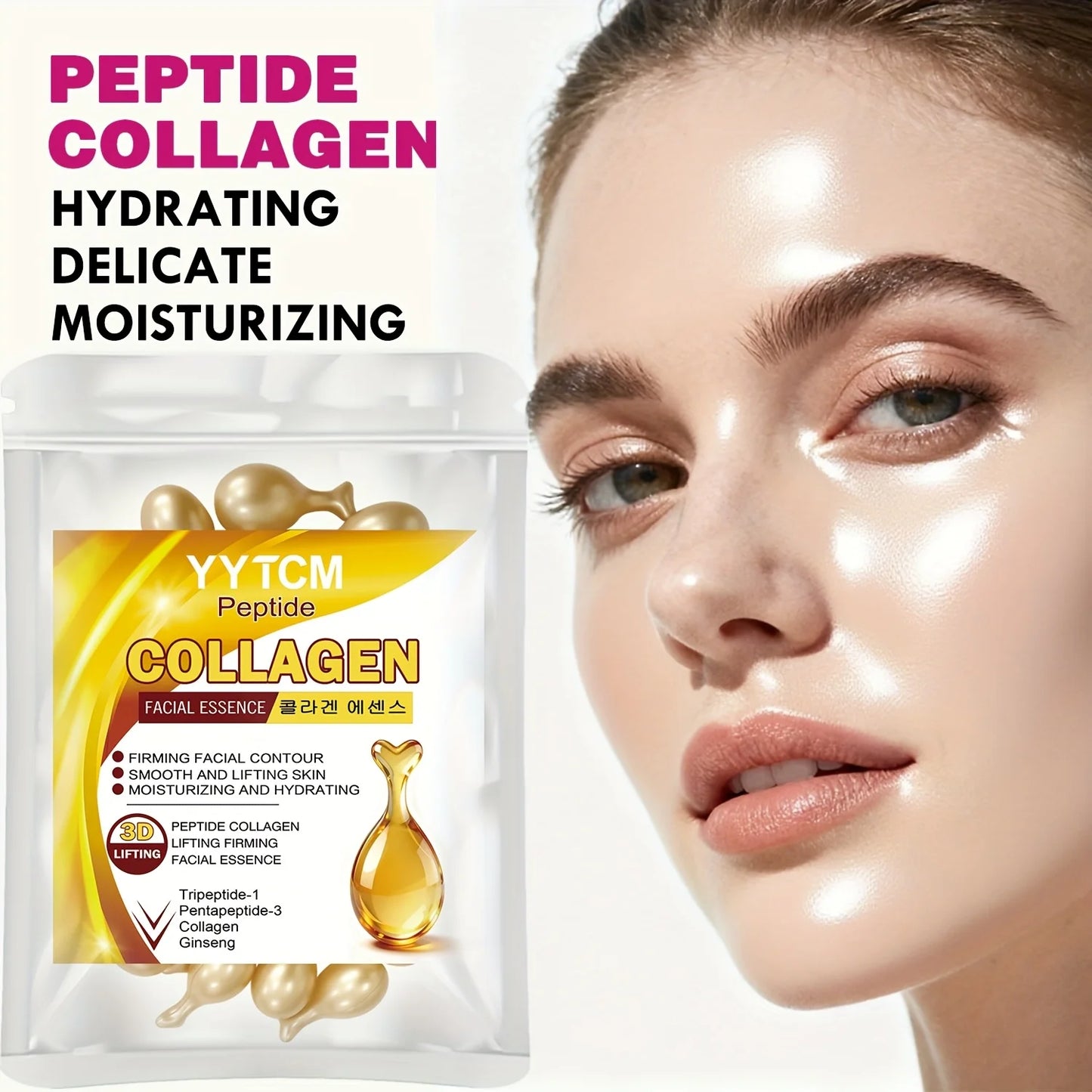 Polypeptide Collagen Essence Capsules, Moisturizing and Firming Essence, Smooths Skin, Contains Squalane, Fullerene, Ginseng Extract, Deep Hydration (0.34Gx30 Capsules)/Bag-1 Bag
