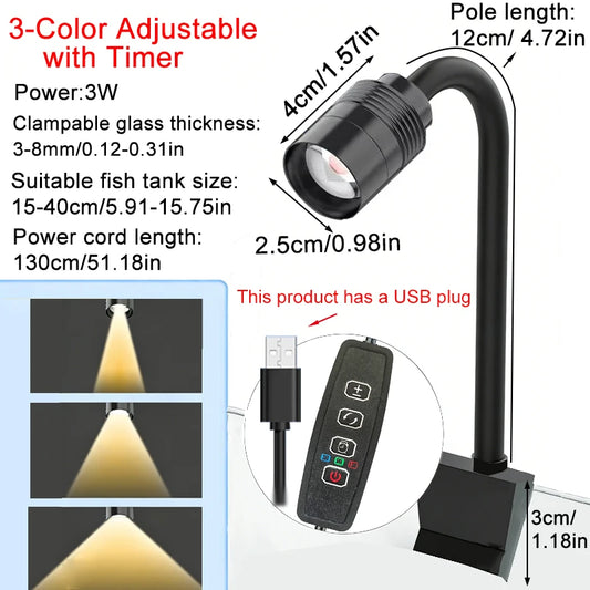 USB 3W South American Aquarium Spotlight 3-Color Dimmable Cycle Timer Zoomable LED Fish Tank Lamp for Aquascape Decor  Lighting