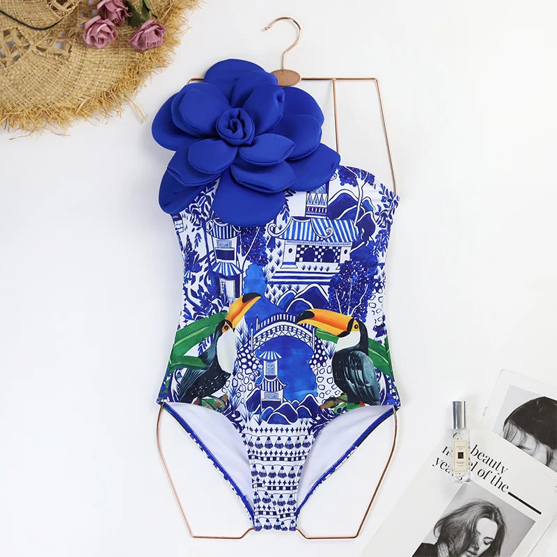 Blue One-Shoulder Ruffled Print Floral Swimsuit Set Cover Up Single Piece Micro Monokini Sexy Swimwear For Girls Summer Beach