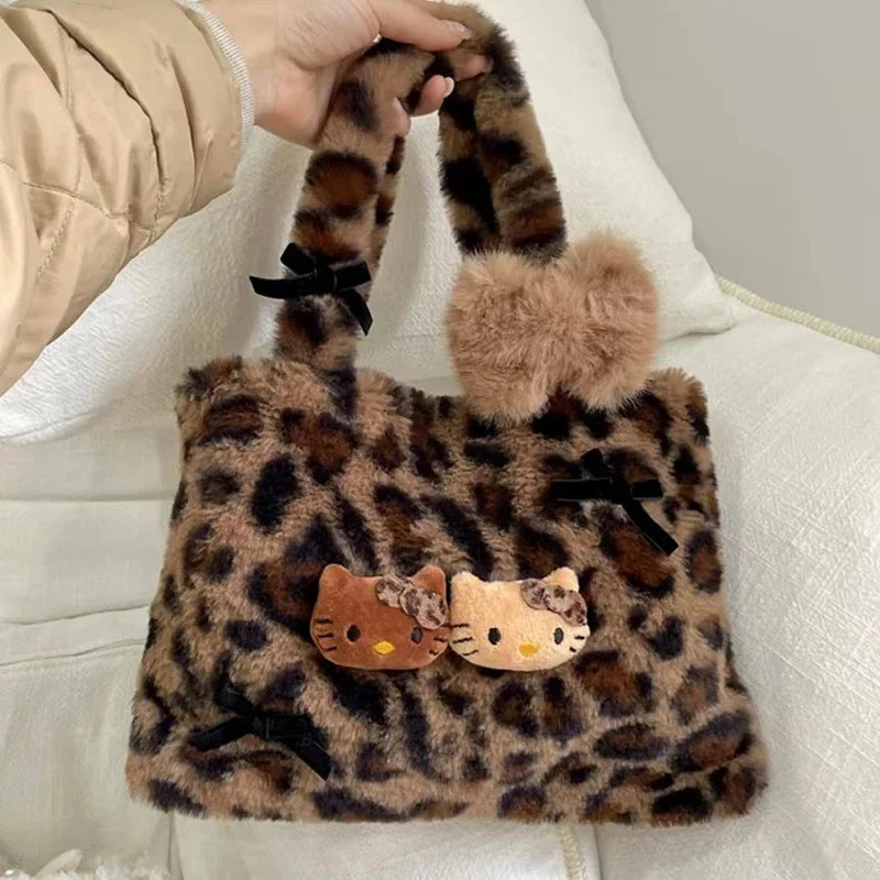 Hello Kitty leopard print plush fashion cute handbag for girls shoulder bag armpit handbag lightweight and durable gift forgirls