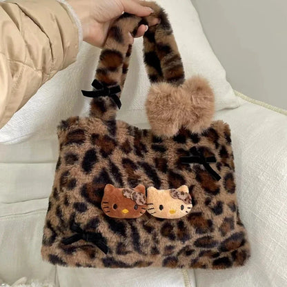 Hello Kitty leopard print plush fashion cute handbag for girls shoulder bag armpit handbag lightweight and durable gift forgirls
