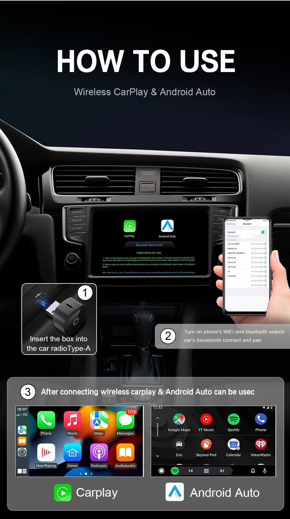 XUDA 2in1 Wireless CarPlay Adapter Android Auto AI Smart Box Car Intelligent Systems For VW Toyota Nissan Honda Ford Benz