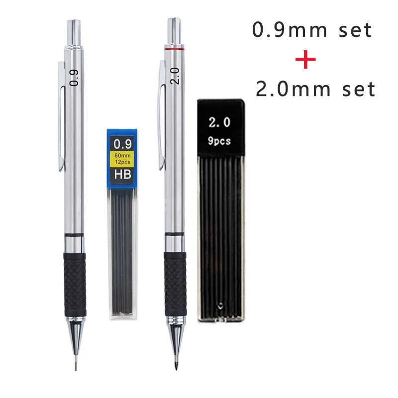 Metal Mechanical Pencil Set with Pencil Grip Leads Art Drawing Student Office Supplies 0.5/0.7/0.9/2.0mm Automatic Pencil
