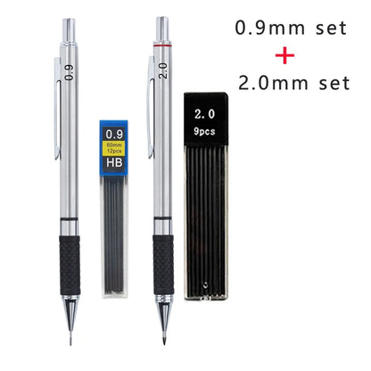 Metal Mechanical Pencil Set with Pencil Grip Leads Art Drawing Student Office Supplies 0.5/0.7/0.9/2.0mm Automatic Pencil