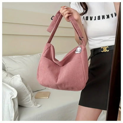 Women’s Corduroy Shoulder Bag, Casual Striped Large Capacity Tote with Zipper Closure, Cute Hat Patch, Perfect for Everyday Use