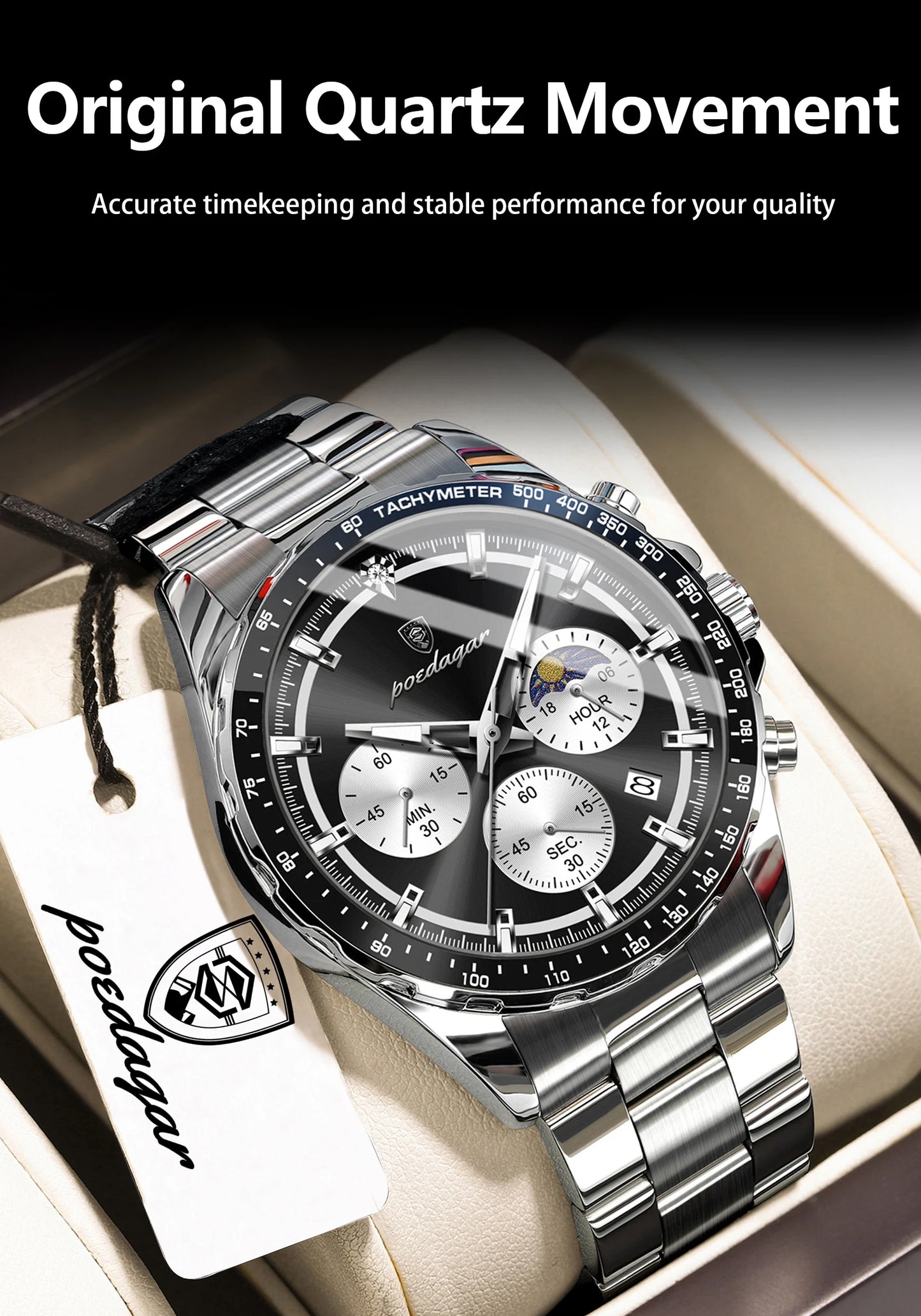 POEDAGAR Business Brand Man Wristwatch Waterproof Stainless Steel Luminous Men Watch Chronograph Date Men's Quartz Watches Reloj