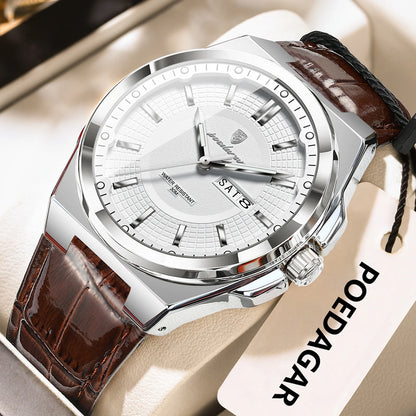 POEDAGAR Fashion Brand Man Wristwatch Waterproof Luminous Date Week Quartz Luxury Men's Watches Leather Business Men Watch Reloj