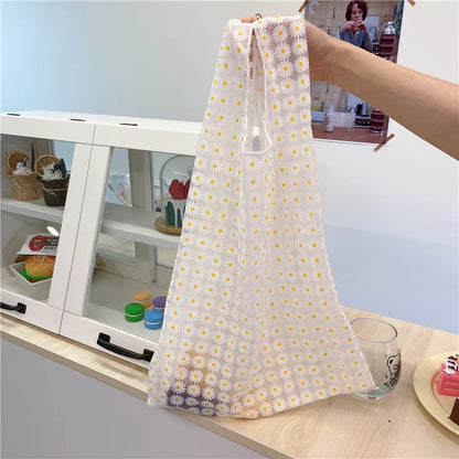 Women Transparent Tote Double Organza Yarn Cloth Bag Embroidery Flowers Handbag High Quality Eco Shopping Bag Purses For Girls