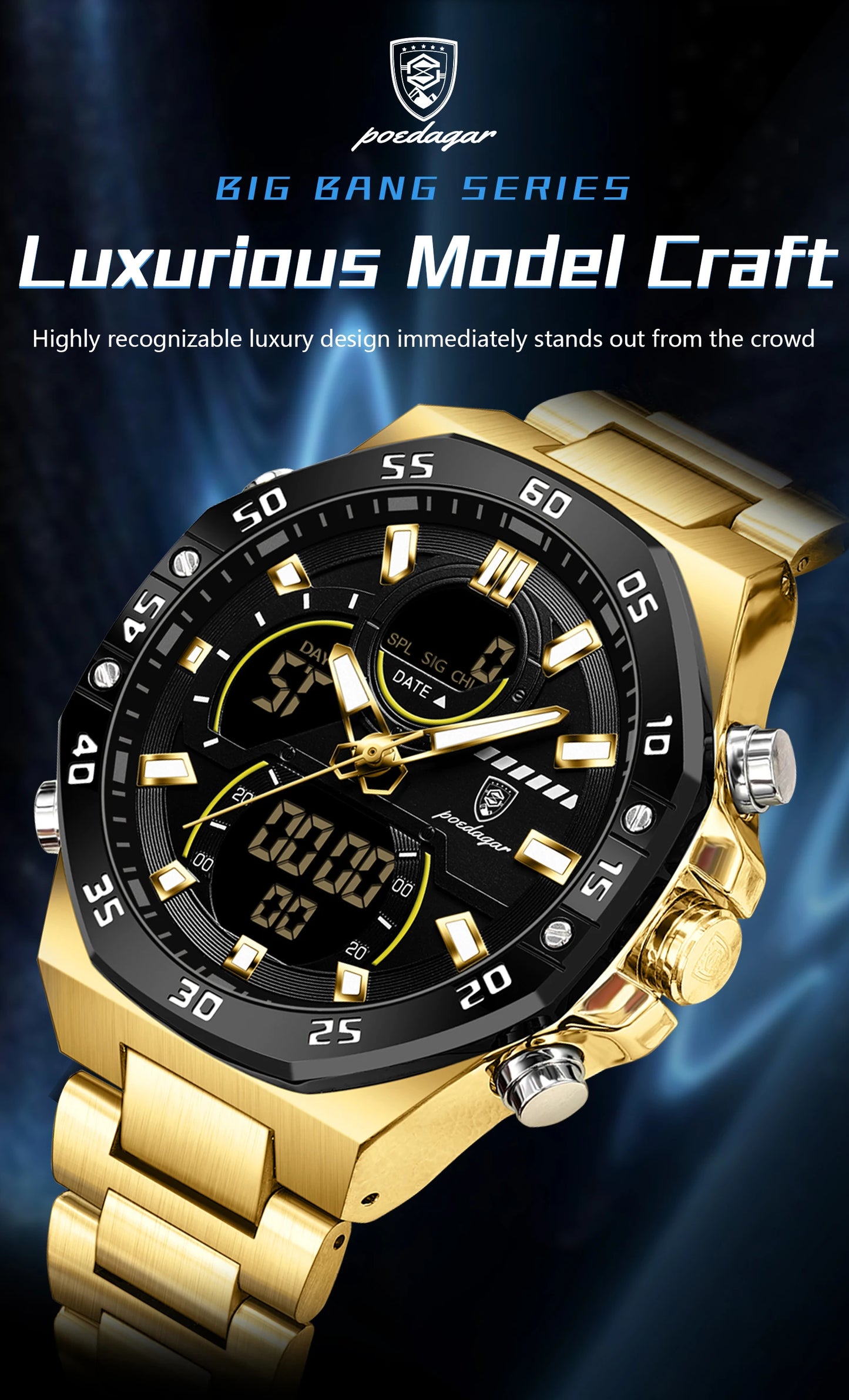 POEDAGAR Top Men Clock LED Luminous Waterproof Week Date Military Man Wristwatch Electronic Stainless Steel Quartz Men's Watches