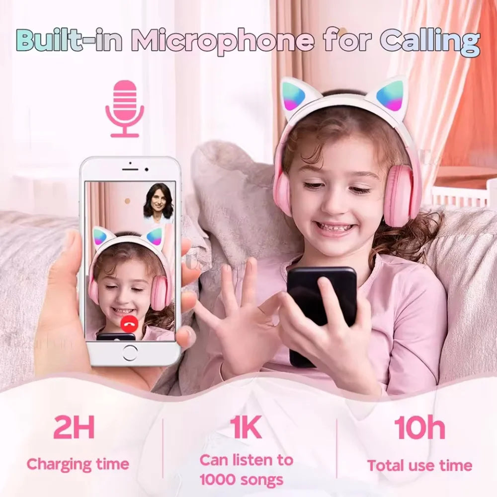 Cute Cat Ear Bluetooth Compatible Headset with LED Wireless Headset Children Girls Stereo Folding Sports Headset with Microphone