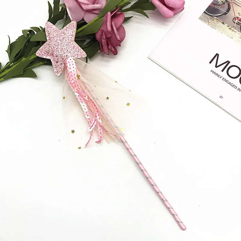 Children Five Point Stars Wand with Tassels Ribbon Halloween Princess Magic Accessory with Glitter Star Great for Themed Parties