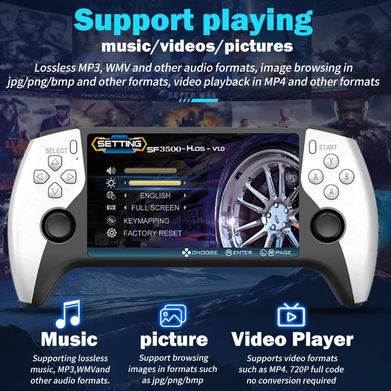 Multifunctional 5 Inch IPS HD Retro Handheld Game Console SF3500 Support Multi-System with FHD Port& Dual Core,256GB Expandable