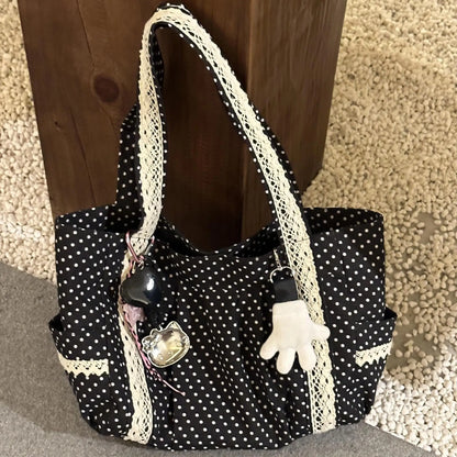 Korean Vintage Canvas Shoulder Bag Women Cute Lace Large Capacity Tote Bag Multi Pocket Handbag Fashion Round Dot Underarm Bag