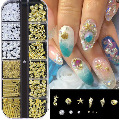 12Grid 3D Gold Ocean Rivet Nail Charms Mixed Seahorsea/Starfish /Conch Pearl/Mini Caviar Beads/Rhinestone Nail Jewery Decoration
