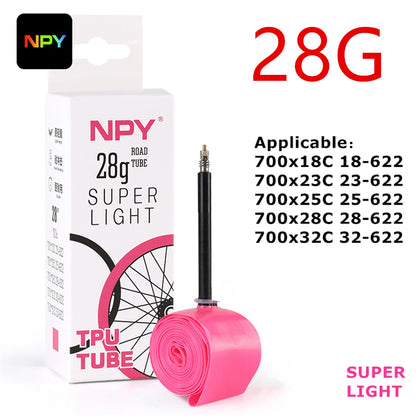 NPY 1Pcs Ultralight 28g Bike TPU Inner Tube 700X18 25 28 32 Road Bicycle TPU Material Tire 45mm/65mm/85mm Length French Valve