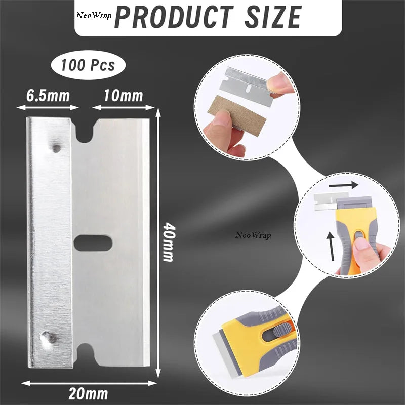100Pcs Razor Scraper Blades Car Sticker Remover Window Glass Paint Scraper Cleaning Tool Steel Non Scratch Replacement Blades