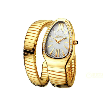 Elegant Snake Shape Women’s Watch - Gold & Silver Scalable Bracelet with Bling Diamonds, Quartz Ladies Wristwatch
