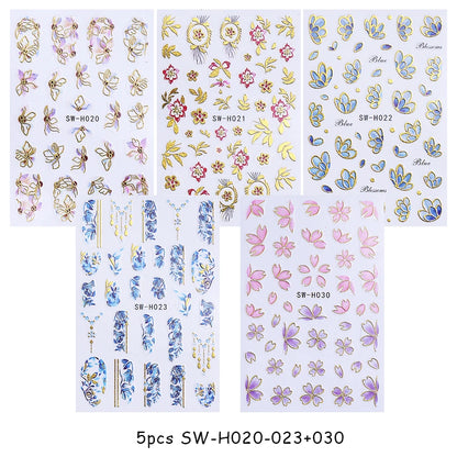 5pcs Metallic Gold Line Flower Nail Stickers 3D Bronzing Border Petals Sakura Leaf Nail Decals Slider DIY Elegant Manicure Decor
