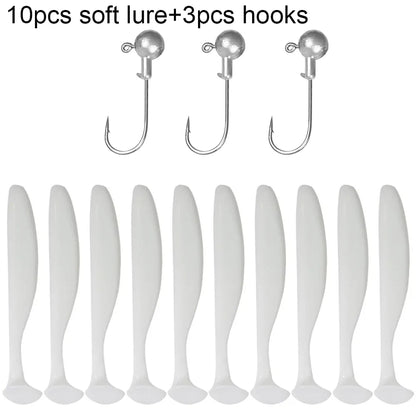 10PCS Soft Lure 5.5cm 7cm 10cm T Tail Worm 3PCS Jigging Head Hook 3g 5g 10g Metal Jig Carp Fishing Pesca Swimbait Gear Kit Bait