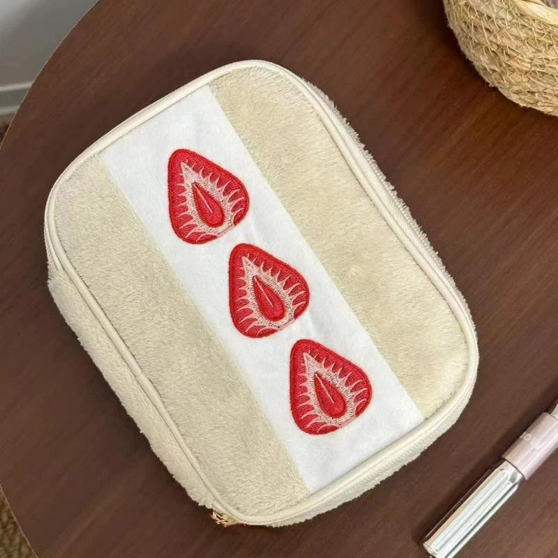 Cute Embroidered Strawberry Pencil Case Portable Stationery Pen Box Multi Functional Large Capacity Makeup Bag Storage Bag