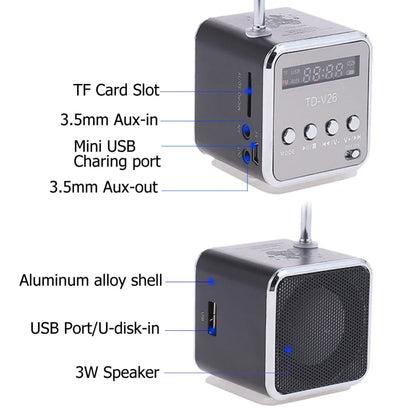 TD-V26 Portable Mini Bluetooth Speaker with Screen FM Radio MP3 Player Support TF Card for Laptop Phone