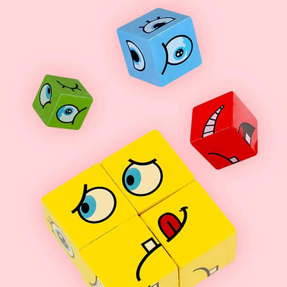 Children's Wooden Four Person Battle Face Changing Facial Expressions Magic Cube Building Blocks Wooden Interactive Games