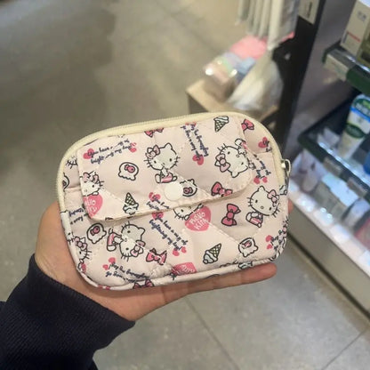 New Cute Sanrio Soft Cotton Embroidered Bow Zipper Women's Makeup Bag Cat Card Bag, Earphone Bag, Key Bag, CCD Storage Bag