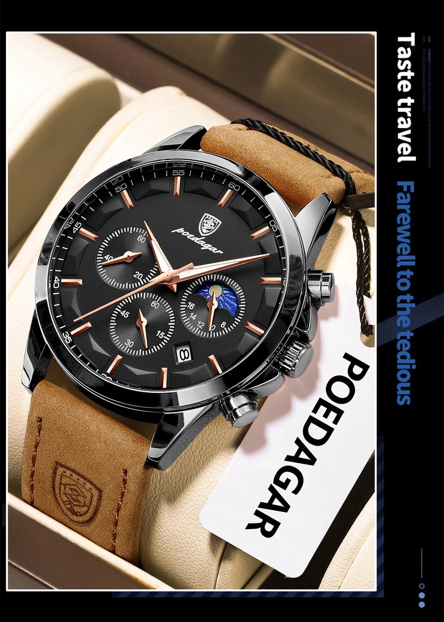 POEDAGAR Original Military Men Clock Waterproof Luminous Leather Quartz Man Watch Chronograph Date Luxury Business Men's Watches