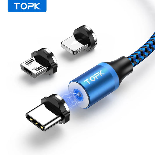 Magnetic Charging Cable 3 IN 1 TOPK 360 Rotation Magnetic Phone Charger Cable with LED Light for Micro USB Type C Cable