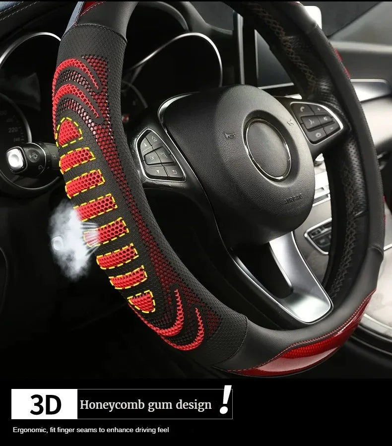 Three-dimensional Honeycomb Steering Wheel Cover  Durable Leather Cover with Anti-slip Linning Universal 14.5-15in